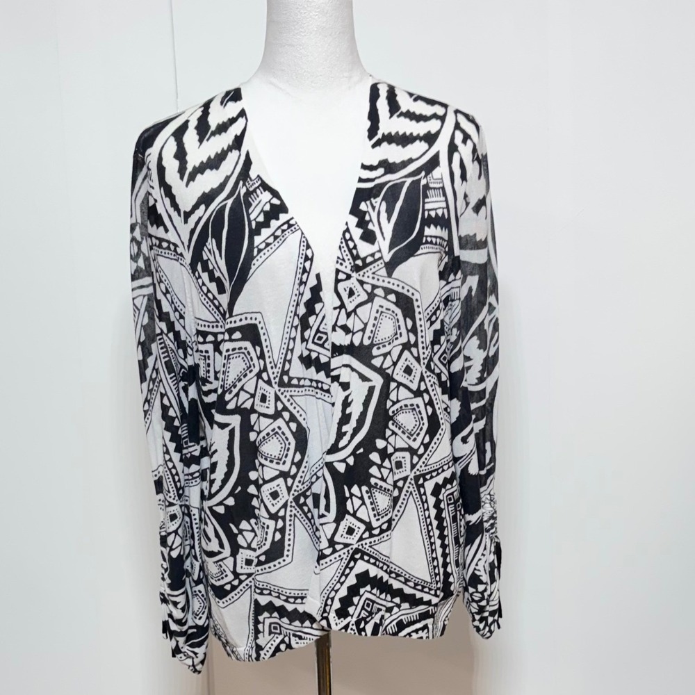 Chicos Cardigan Women XL 3 White Black Open Front Geometric Tribal Ruched Career